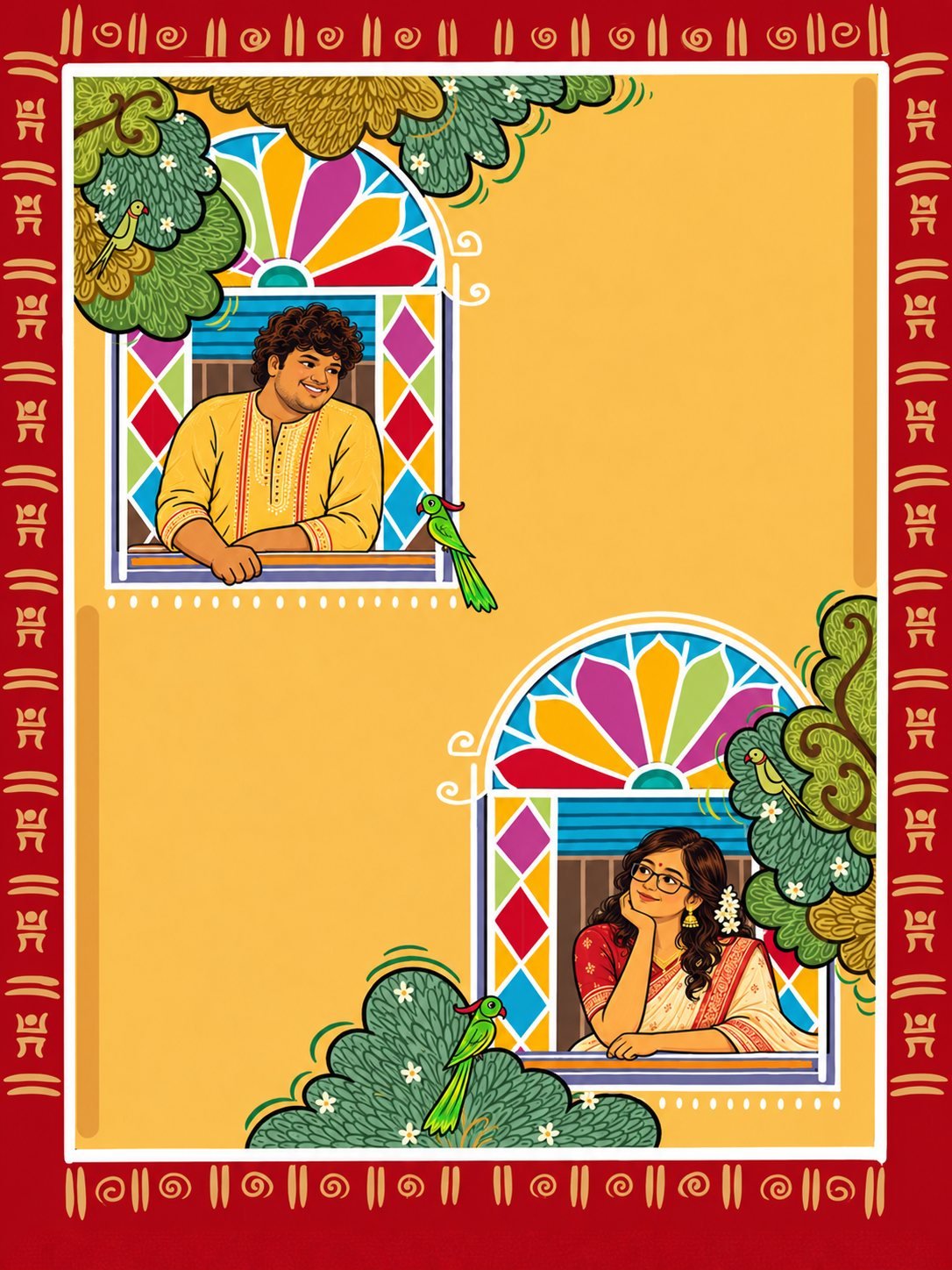 Illustration of the groom in a yellow panjabi and the bride in a red-bordered saree, each leaning out of a stained-glass window among trees and parrots